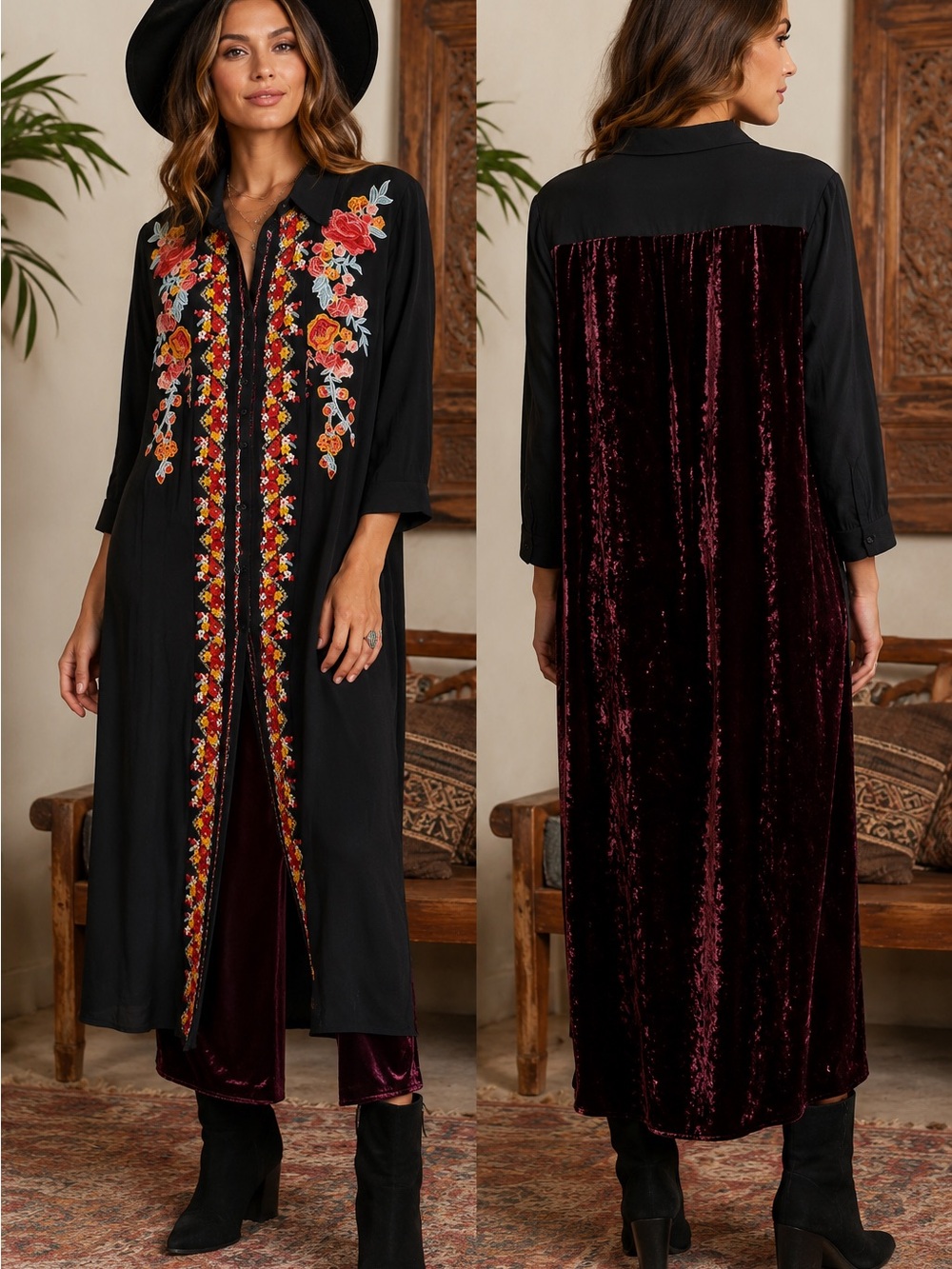 Embroidered Velvet-Back Maxi Dress (121123) 🍂